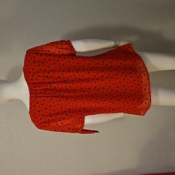 SARA MICHELLE Tomato Red Hearts Pintucked Bow Sleeve Coquette Valentine's Blouse - Picture 6 of 9